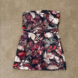 French Connection Strapless Dress in Red and Navy Floral